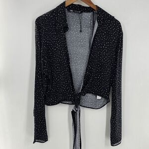 Zara Black White Polka Dot Tie-Front Satin Long SLeeve Blouse Womens Size Large